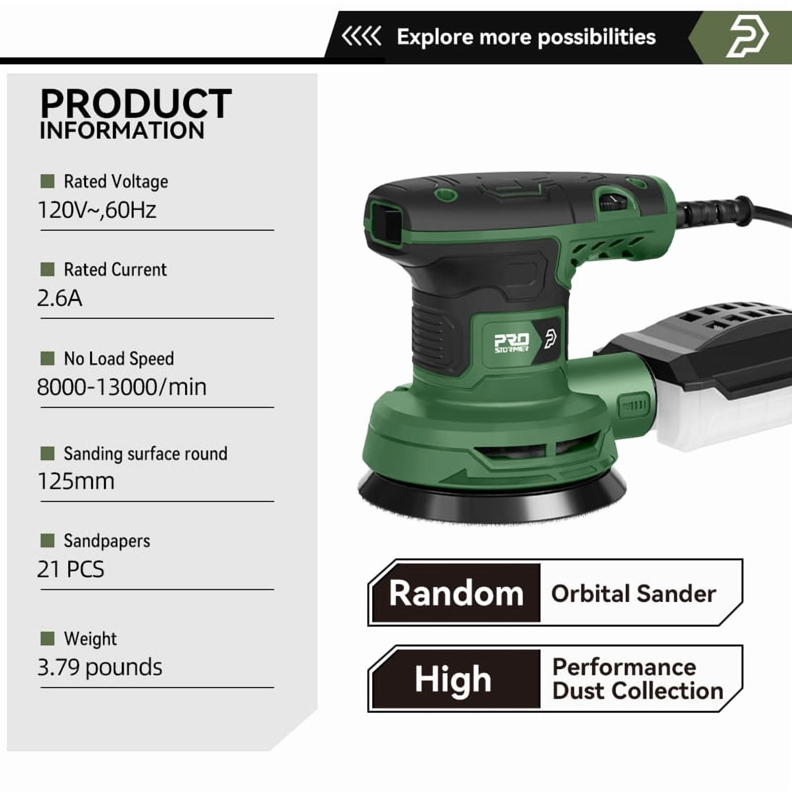 300W Random Orbital Electric Sander Machine with 21Pcs 125mm Sandpapers，6000-13000 RPM Strong Dust Collection Polisher by PROSTORMER