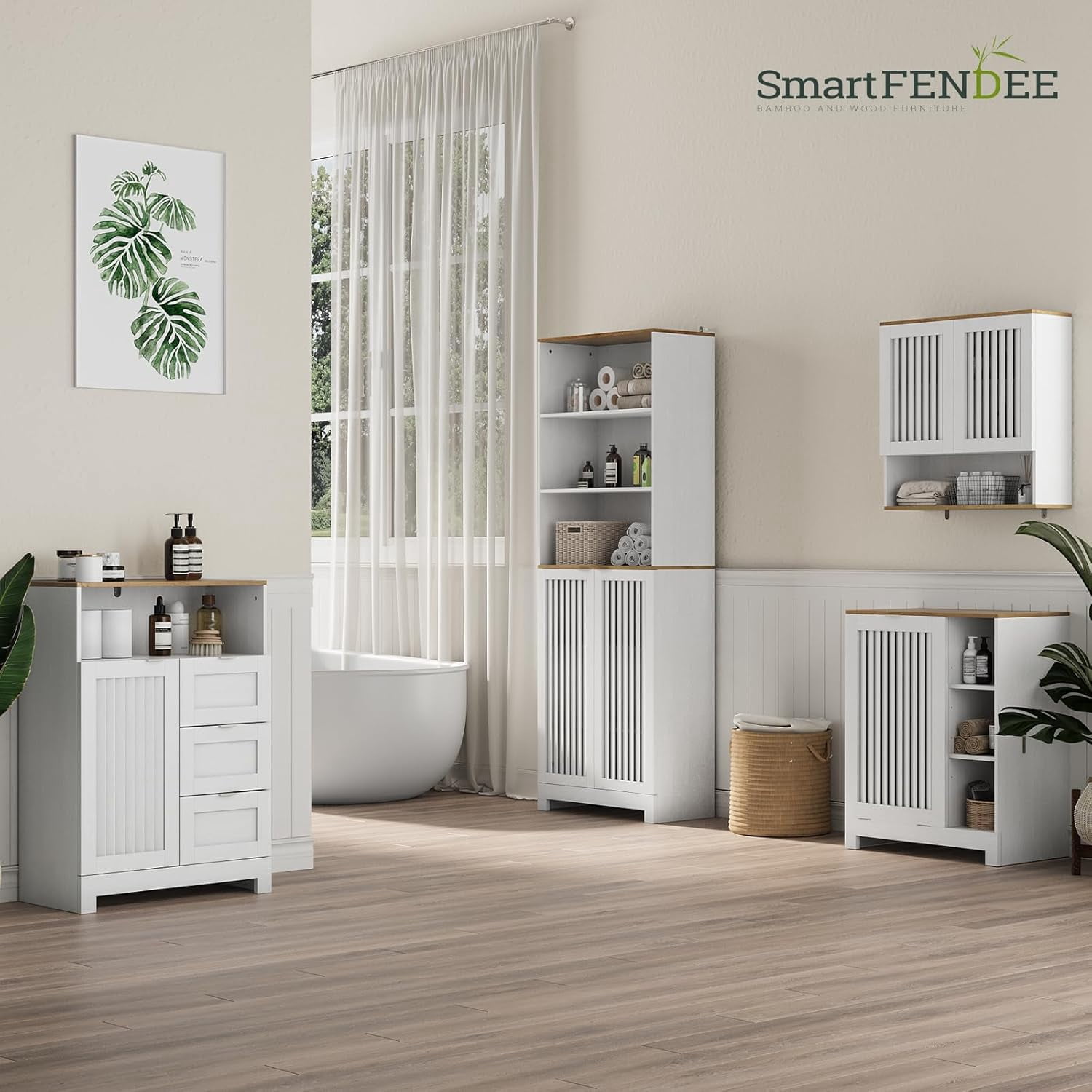 Smart FENDEE Laundry Hamper Cabinet with Louvered Door,Canvas Basket,3 Open Drawers, Laundry, White