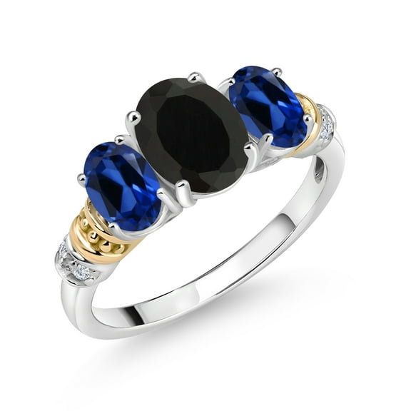 Gem Stone King 925 Sterling Silver and 10K Yellow Gold Oval Black Onyx Blue Created Sapphire and White Diamond 3 Stone Ring for Women (2.83 Cttw, Gemstone December Birthstone, Size 5)