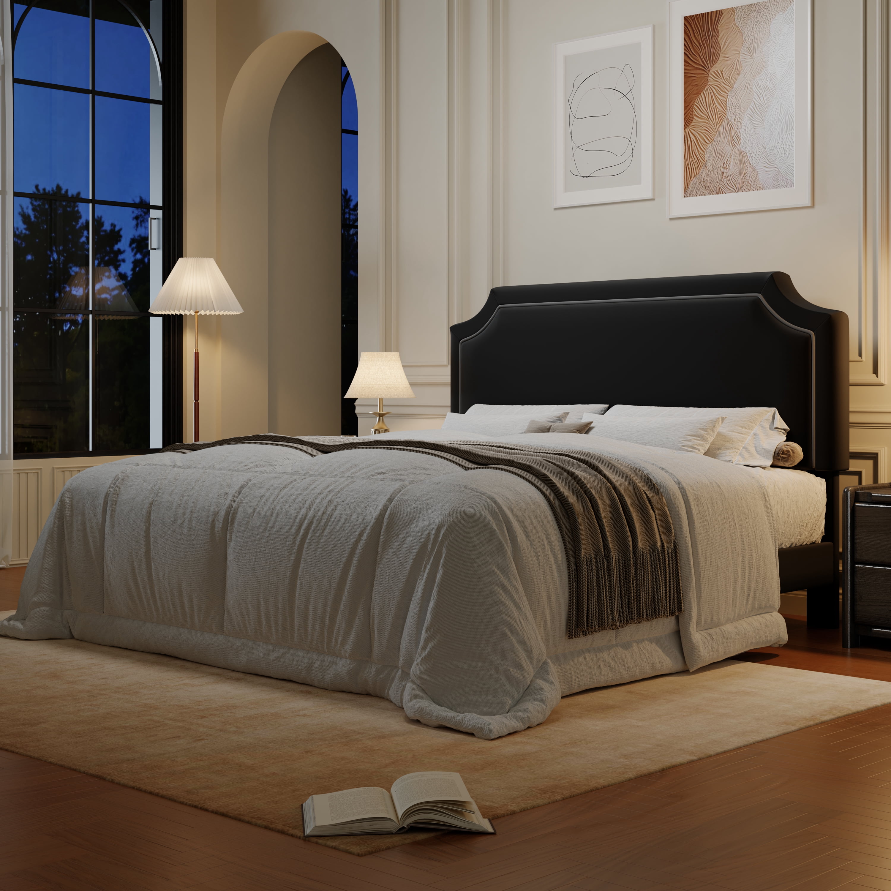 Amolife Queen Bed Frame, Upholstered Platform Bed with Streamlined Adjustable Headboard, No Box Spring Required, Black, Velvet
