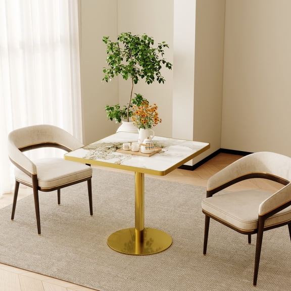 Noble House 31.5" Square Modern Dining Table with Faux Marble Top, Luxury Bistro Table with Metal Legs, White & Gold