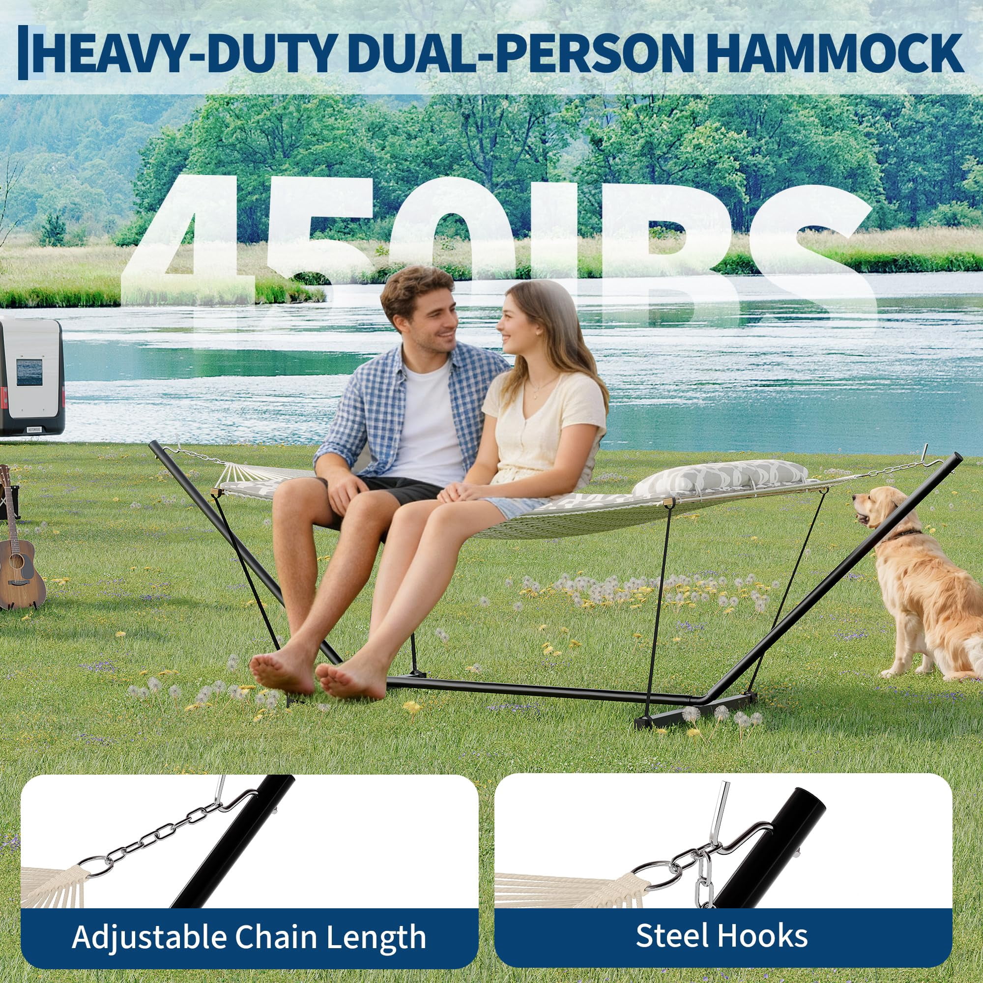 450 Lbs Capacity 2-Person Double Hammock with Stand - Portable Breathable Cotton Rope Hammock with Reversible Quilted Pad & Pillow for Patio, Garden & Camping