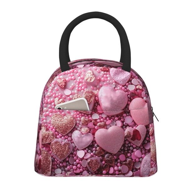 Fotbe Pink Glitter Heart Candy Bolsa de Almuerzo con Estampado, Lonchera Aislada, Contenedor de Comida Reutilizable Tipo Cooler a Prueba de Fugas