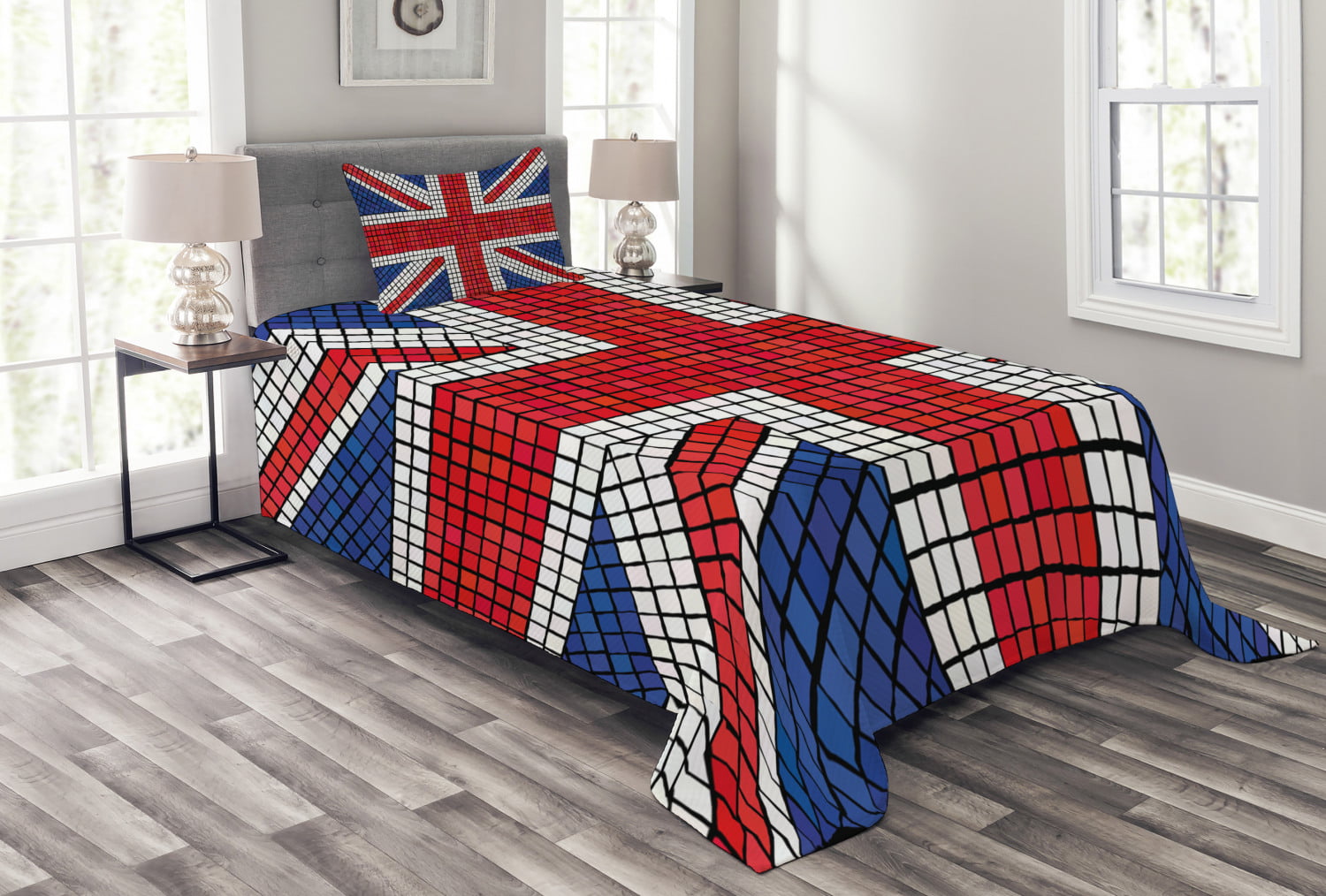 Mosaic British Flag Print Union Jack Quilted Bedspread & Pillow Shams Set