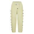 thumbnail image 4 of ClodeEU Women's High Waisted Linen Blend Drawstring Elastic Waist Capri Pants with Side Button and Pockets ,Solid Color Casual Cropped Trousers Beige,Womens Plus M, 4 of 5