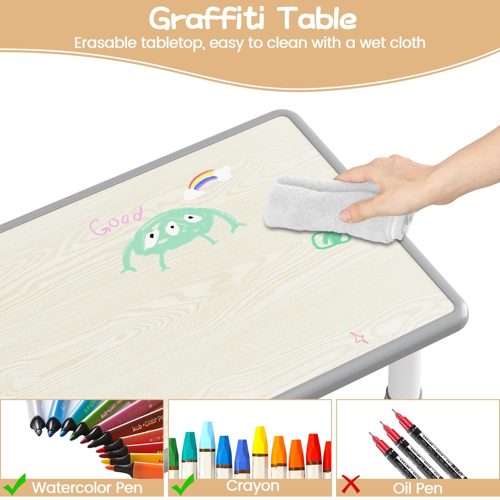 2025 New Kids Table and 6 Chairs Set, Height Adjustable Toddler Table and Chair Set, Graffiti Desktop, Children Multi-Activity Table for 6, Kids Study Table for Home Daycare Preschool for Ages 2-8