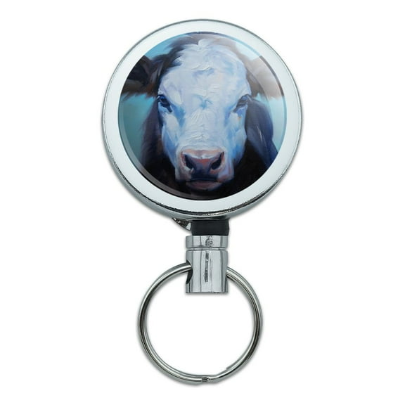 Brown and White Cow Painting Heavy Duty Metal Retractable Reel ID Badge Key Card Tag Holder with Belt Clip