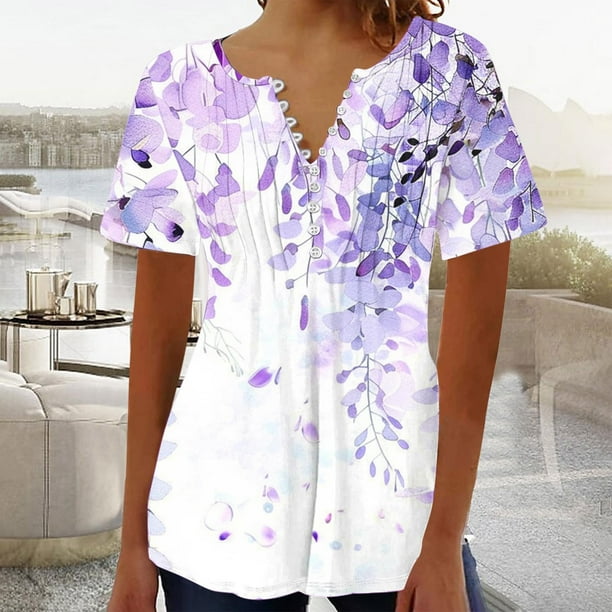 Fiudx Ofertas Flash Artículos En Oferta Blusa Superior de Manga Corta con Cuello En V y Botones Estampados Informales a La Moda para Mujer