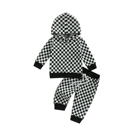 

Musuos Baby Boys Checkerboard Long Sleeve Hoodies Tops Elastic Waist Long Sweatpants