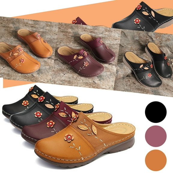 Kayannuo Clogs Shoes for Women, Summer Leather Slippers Comfort Work Clogs Slip on Loafers Wide Fit Mules Antil Slip Beach Shoes Flowers Wedge Sandals