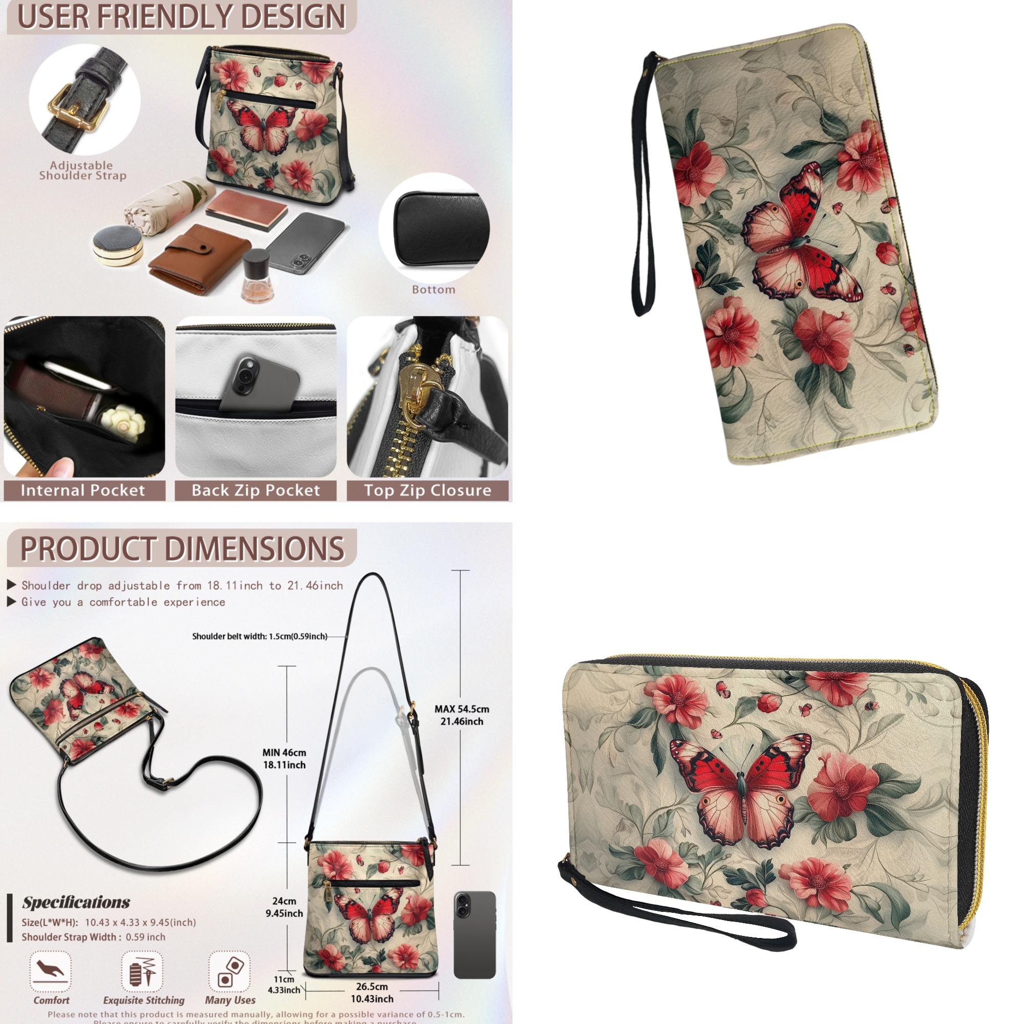 ZUXONGSY Butterfly Daisy Flower Print PU Leather Hobo Bag and Matching Wallet Set for Women, Stylish Crossbody Purse with Adjustable Strap, Ideal for Travel & Casual Use