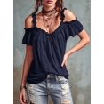 thumbnail image 3 of Women Cold Shoulder Ruffle Trim Top V Neck Short Sleeve Casual Blouse Navy Blue XL, 3 of 6