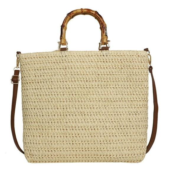 Women Straw Woven Handbag with Bamboo Handle Tote Clutch Bags for Seaside(Beige) Shoulder Bags for Women