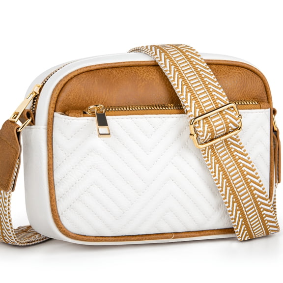AOMRCOL Crossbody Bags for Women, Quilted Crossbody Bags, Vegan Leather Purses Small Shoulder Handbags with Colorful Wide Strap, Trendy Design Shoulder Purse for Travel, Beige and Brown