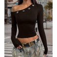 thumbnail image 4 of Women Long Sleeve Shirts Rib Knit Slim Fit Tops Off-Shoulder Tee Fall Outfits Casual T-Shirt Layer Clothes Brown M, 4 of 9
