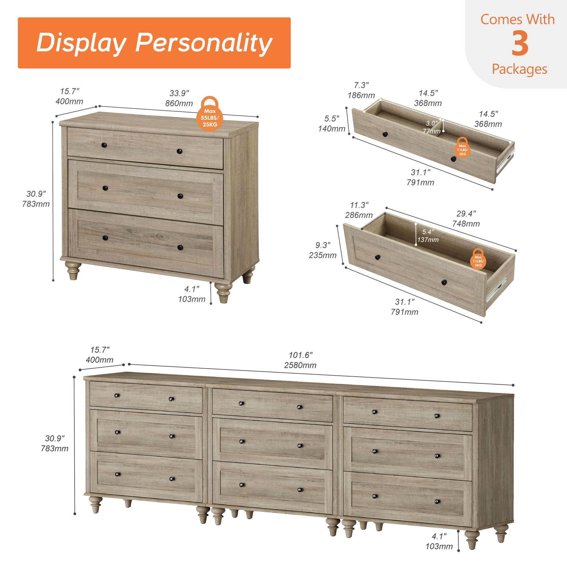 Mid-Century Modern Wooden Dresser with 9 Wide Drawers, Compact Storage Organizer for Bedroom, Nursery, Hallway, and Living Room, Gray Wash