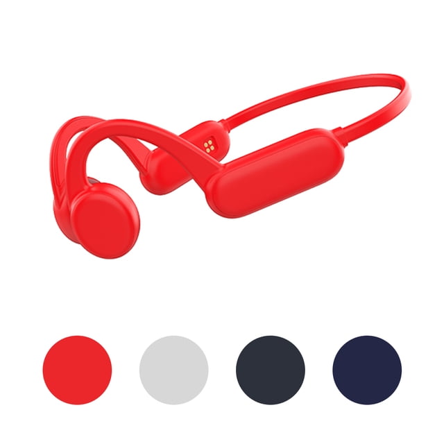 cateissary auricular de conducción ósea ipx8, resistente al agua, a prueba de sudor, auriculares dinámicos, manos libres, auriculares deportivos, cables de audio/vídeo rojo Auriculares deportivos rojos de conducción ósea en vista de tres cuartos con banda trasnuca flexible; almohadillas externas redondas, módulo de batería en la nuca y acabado mate liso; compatible Bluetooth v5.0, 8 GB de memoria y clasificación IPX8 según especificaciones; adecuado para natación y uso deportivo, y también suitable para usar como reproductor MP3 independiente cuando se activa el modo interno.