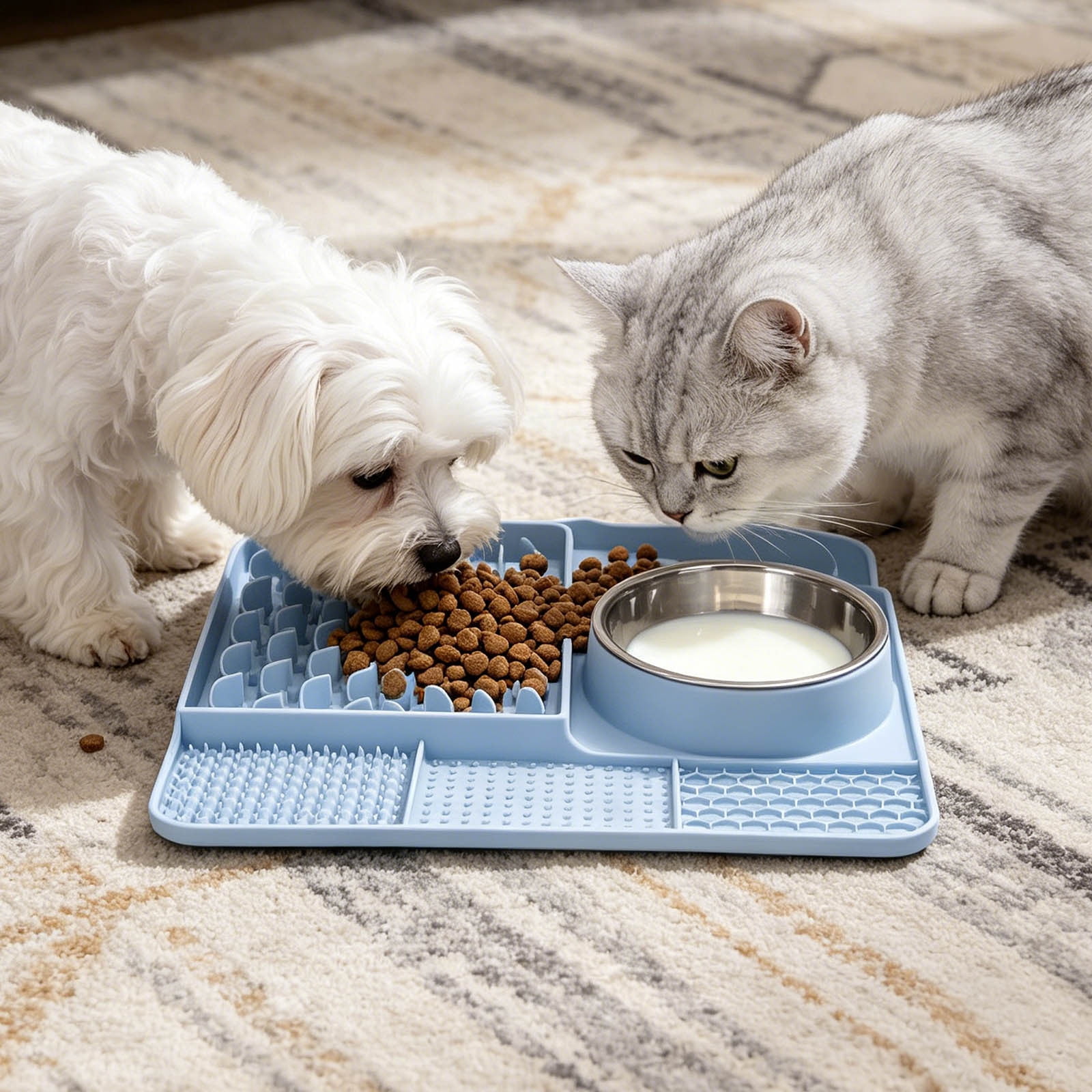 Licking Pad 5âInâ1 Silicone Slow Feeding Mat Suction Cup Antiâ Feeder Detachable Stainless Steel Bowl StressâRelief Set For Cats Dogs Puppies Daily Use 13.0 x 9.8 in Sky Blue