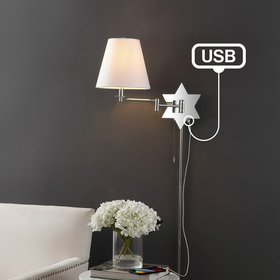 JONATHAN Y David 18.5" 1-Light Modern French Country Swing Arm Plug-In or Hardwired Iron LED Star Wall Sconce with Pull-Chain and USB Charging Port, Chrome