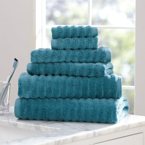 Mainstays Performance Textured 6 Piece Towel Set, Cool Water