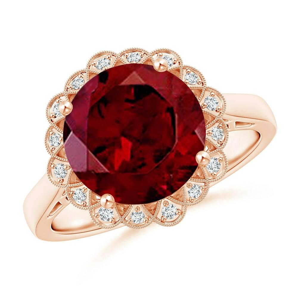 Angara - Valentine Jewelry Gift - Garnet Scalloped Halo Ring in 14K