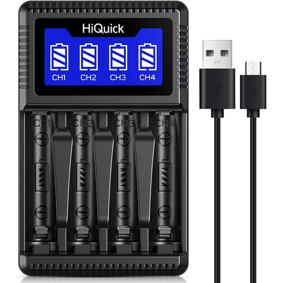 HiQuick 4-Bay AA/AAA Battery Charger with USB Input - Fast Charging for 1.2V NiMH/NiCD Rechargeable Batteries, Featuring Independent Charging Slots and Smart LCD Display (Includes USB Cable)