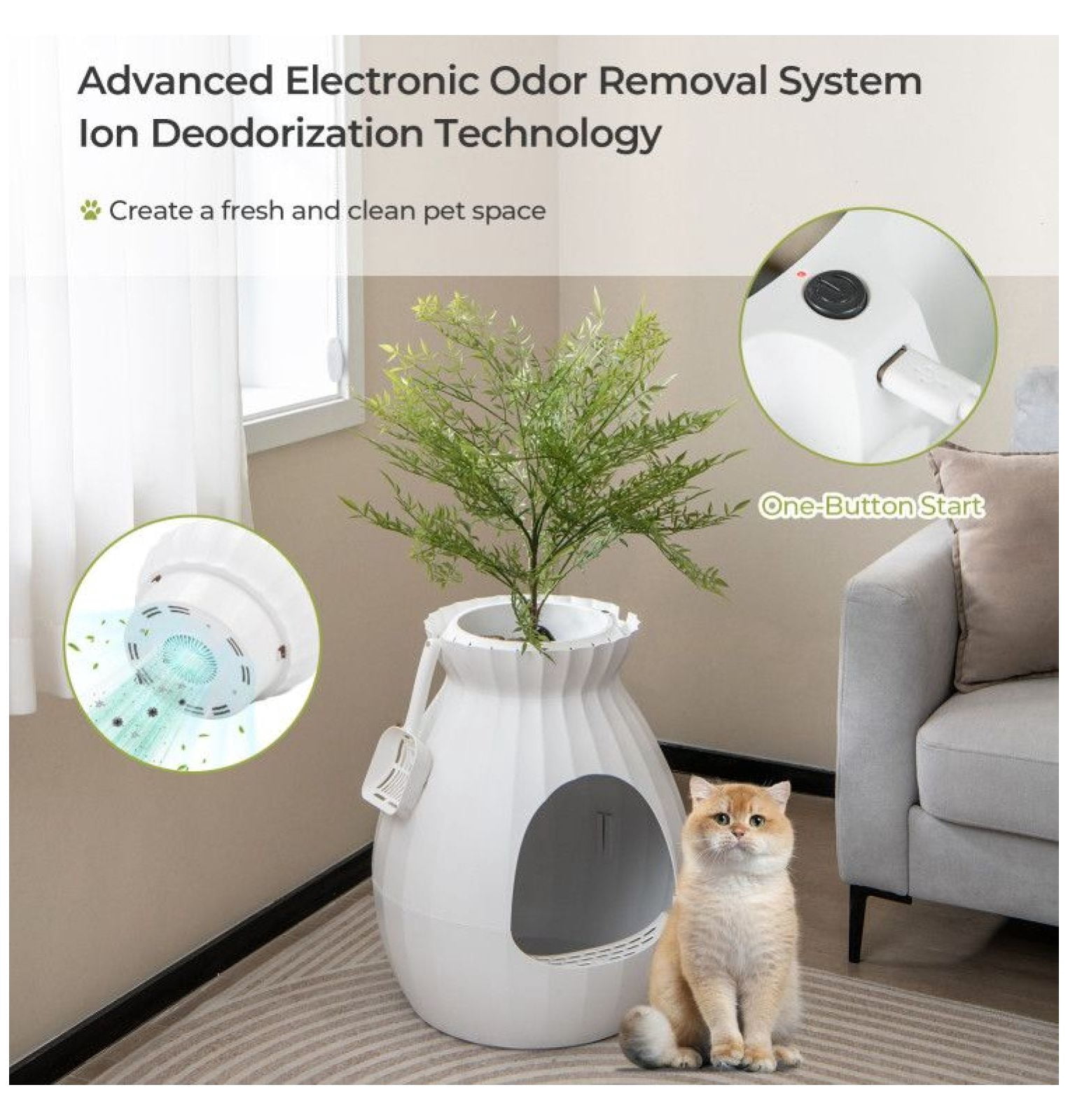 Cat Litter Box with Electronic Odor Removal, Plant Design Enclosed Litter Box with Door, ABS Durable Construction, Easy Clean, White+Green, 63L Capacity