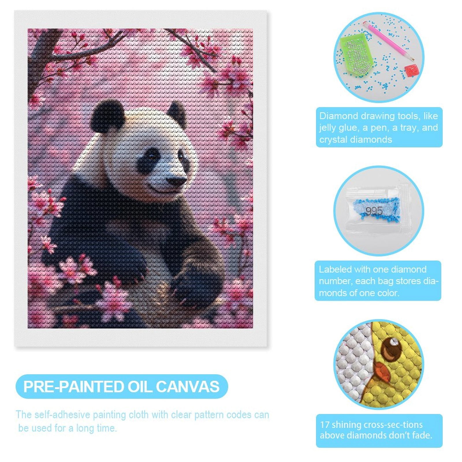 Diamond Art Kits for Adults, Panda Cherry Blossom Scene 5D Diamond Painting Kits for Adults Beginners, DIY Full Drill Diamond Painting, Gem Art and Crafts 12x16
