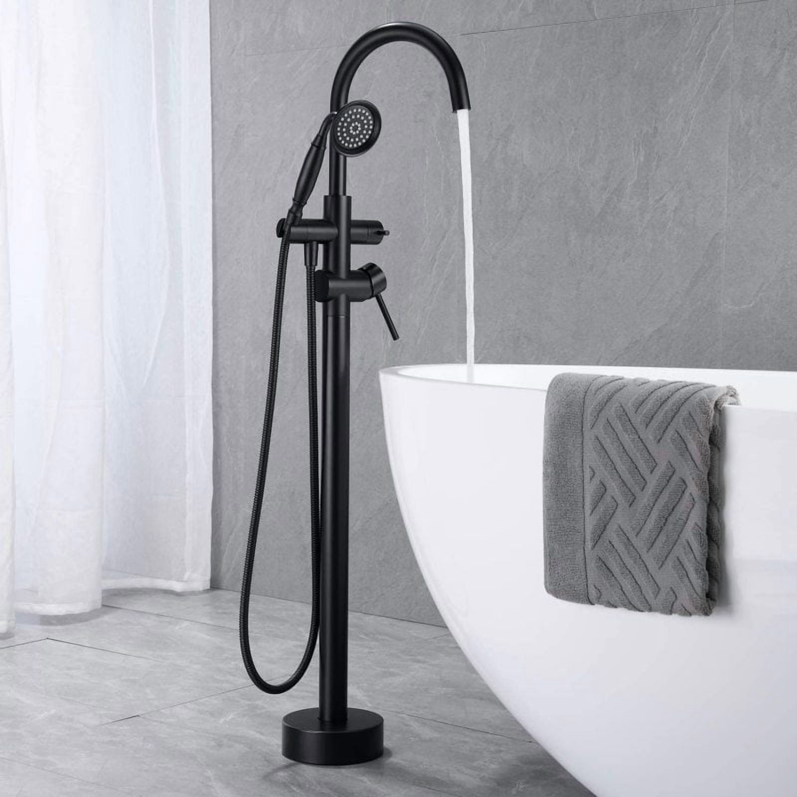 Freestanding Tub Filler Bathtub Faucet Brushed Nickel with Hand Held Shower Floor-Mount