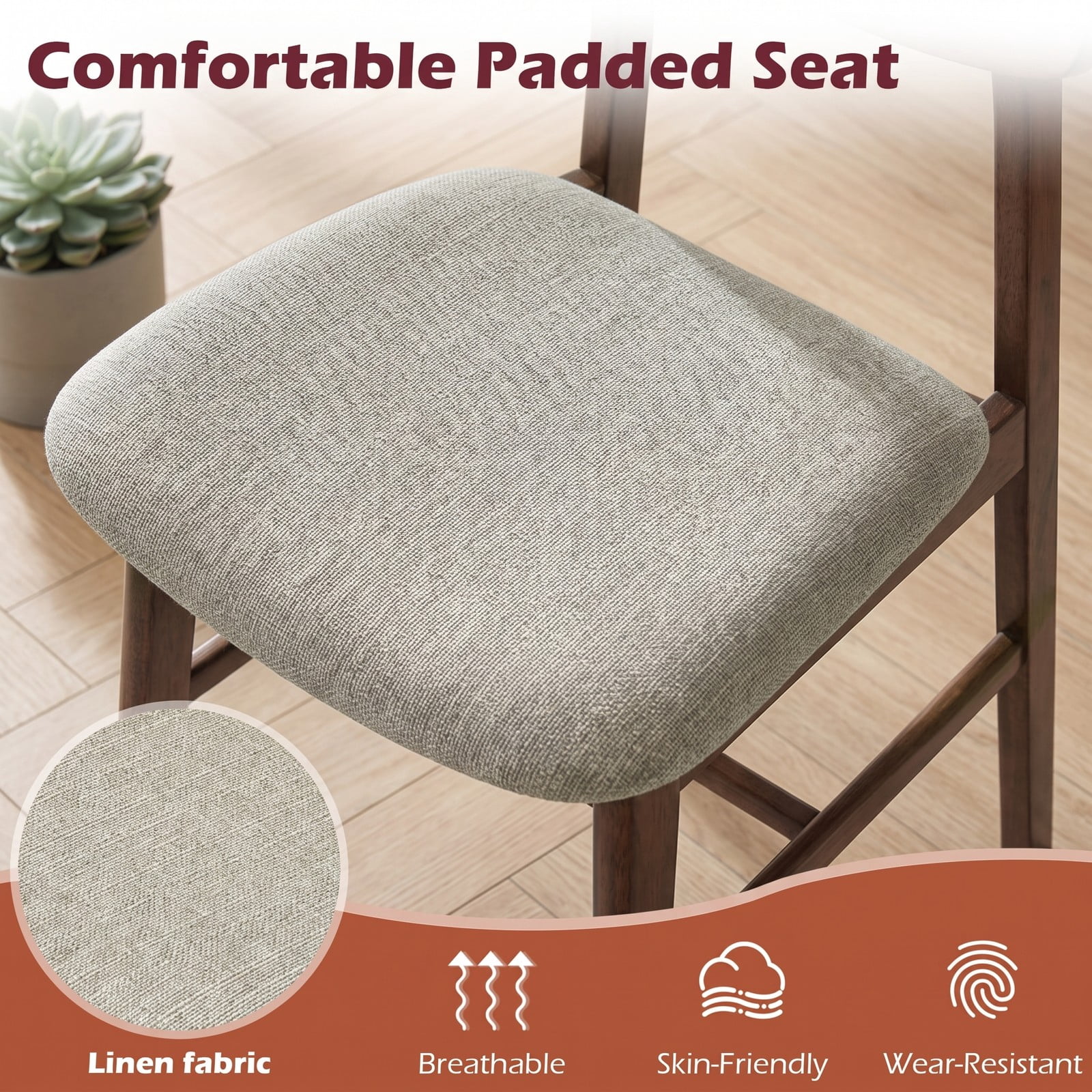 Furnibear Solid Rubber Wood Dining Chairs Set of 4, Mid-Century Modern Upholstered Kitchen Side Chairs with Curved Backrest, Linen Fabric Padded Seat, Walnut & Gray