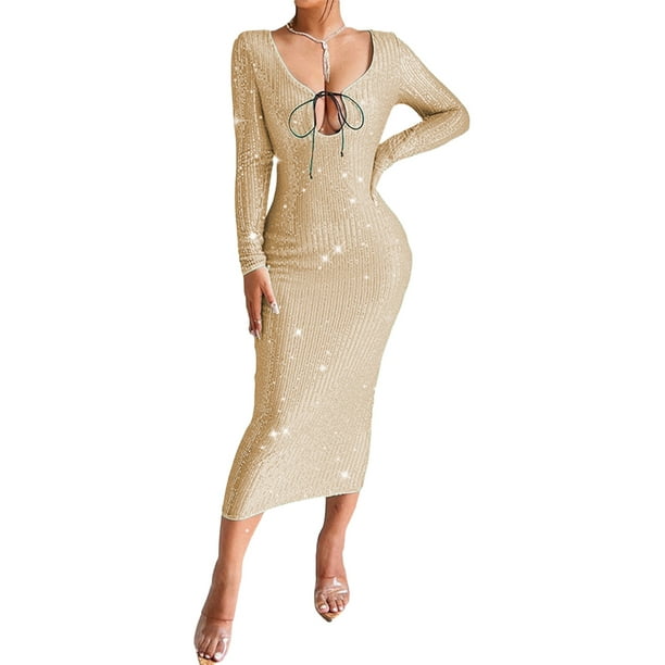 Women's Dresses Shiny Sequins Bodycon Long Sleeve Cutout Tie-Up Midi