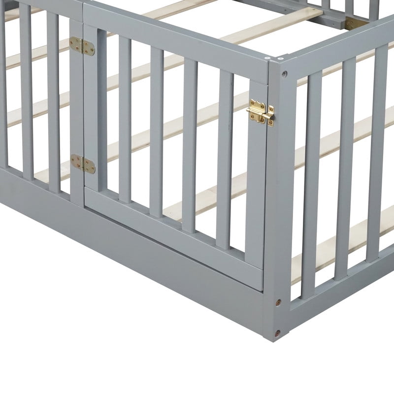 Mirightone Full Size Floor Bed, Wood Montessori Floor Beds with High Fence Railings, Door & Slats Support, Full Playhouse Bed Frame, No Box Spring Needed, Grey