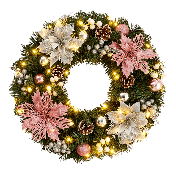 Christmas Wreath for Front Door, 16 Inch Artificial Winter Wreaths Decor with Silver Pink Flower,Pinecone,Berry,Battery Operated Light,Christmas Wreath Decor for Home Indoor Outdoor Wall Window Porch