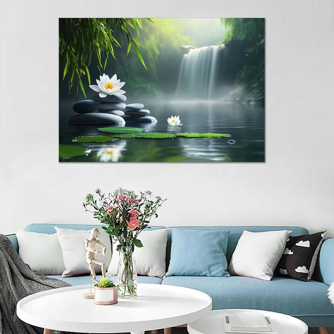 Mudket Framed Canvas Wall Art, Zen Waterfall Lotus Stacked Stones Wall Decor, Serene Spa Nature Waterproof Art Prints for Bathroom Bedroom Living Room Home Wall Decor - 30"L x 20"W
