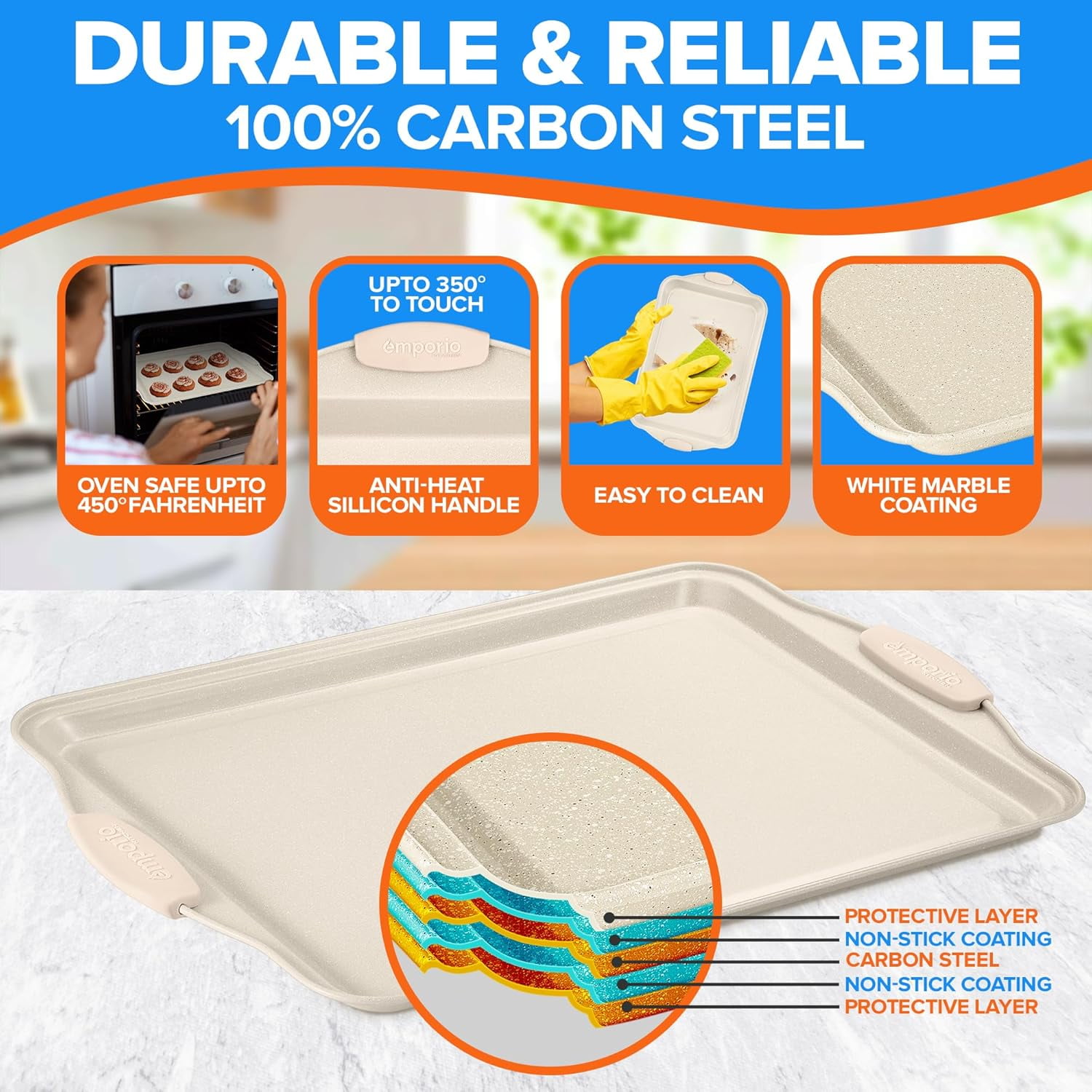 Baking Pan Set - Nonstick Coating, Carbon Steel Bakeware Set with White Silicone Handle, Recipe Booklet Included, Oven Safe Tray (Up to 450° F), Set of 25 - White