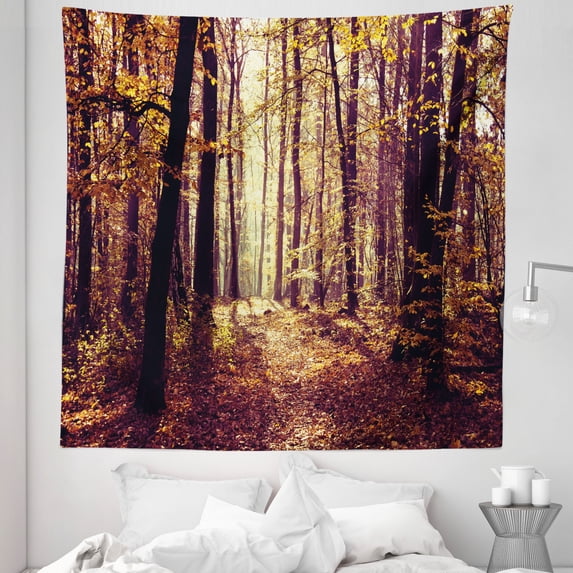 Landscape Tapestry, Mysterious Atmosphere Misty Woods Tree Nature Landscape Image, Fabric Wall Hanging Decor for Bedroom Living Room Dorm, 5 Sizes, Pale Yellow Dark Orange, by Ambesonne