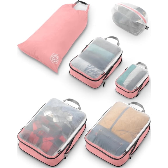 TRIPPED Travel Gear 6-Piece Large Mesh Compression Packing Cubes for Luggage, Dusty Rose