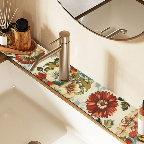 Vintage Medallion Floral Flowers Sink Splash Guard Faucet 14.7x5.4in Drying Mat Drying Mat Absorbent Pad for Bathroom Kitchen 1PCS