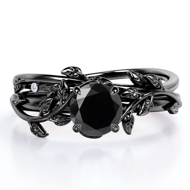 JeenMata Juego de Anillos de Boda con Diamantes Negros de 0,50 Quilates Creados en Laboratorio Juego de Anillos de Boda con Hojas y Enredaderas, Baño de Oro Negro de 18 K sobre Plata