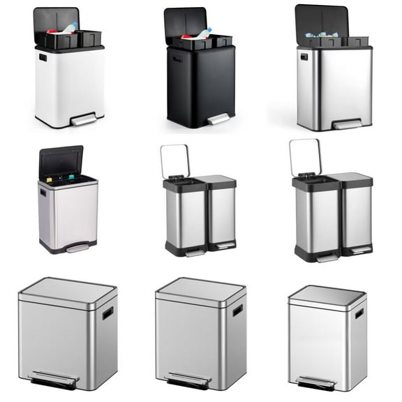 STRELECT Dual Trash Can, Stainless Steel 2 x 4 Gal (2 x 15L) Garbage Can with Lid and Inner Buckets, Silver