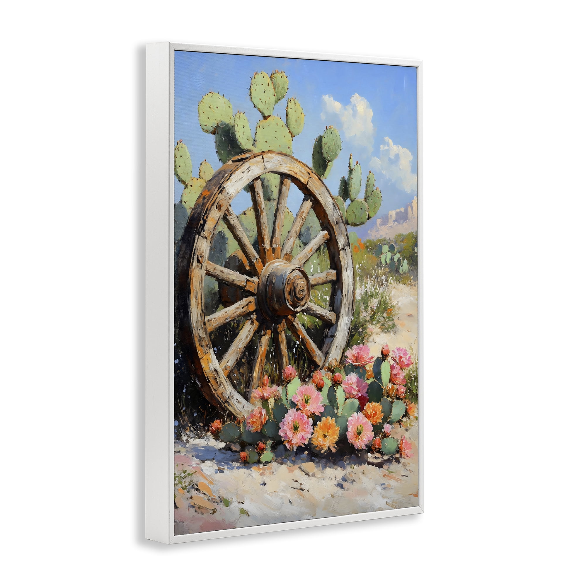Stupell Industries Wagon Wheel Among Cactus White Framed Giclee Art, design by Franklyn Gregory