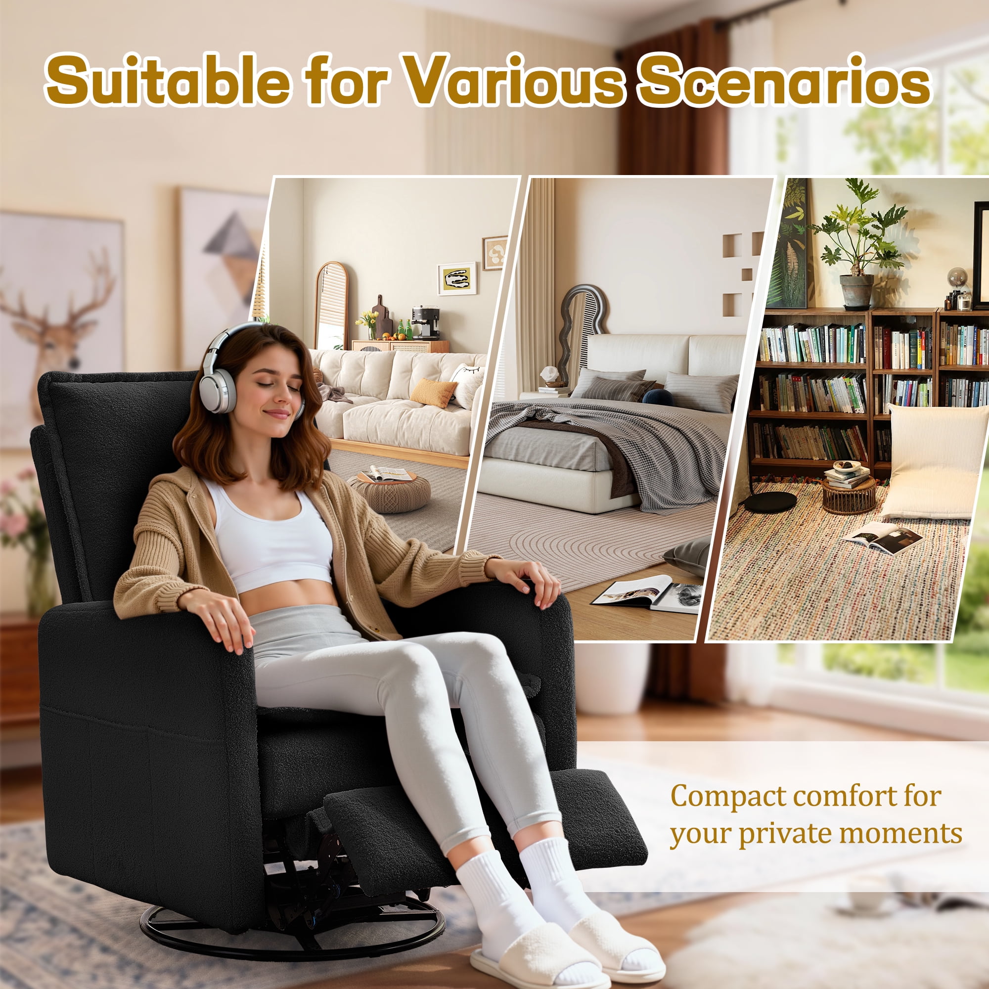 Korser Manual Swivel Rocker Recliner Chair with Side Pockets Nursery Glider Recliner for Living Room, Nursery, Black