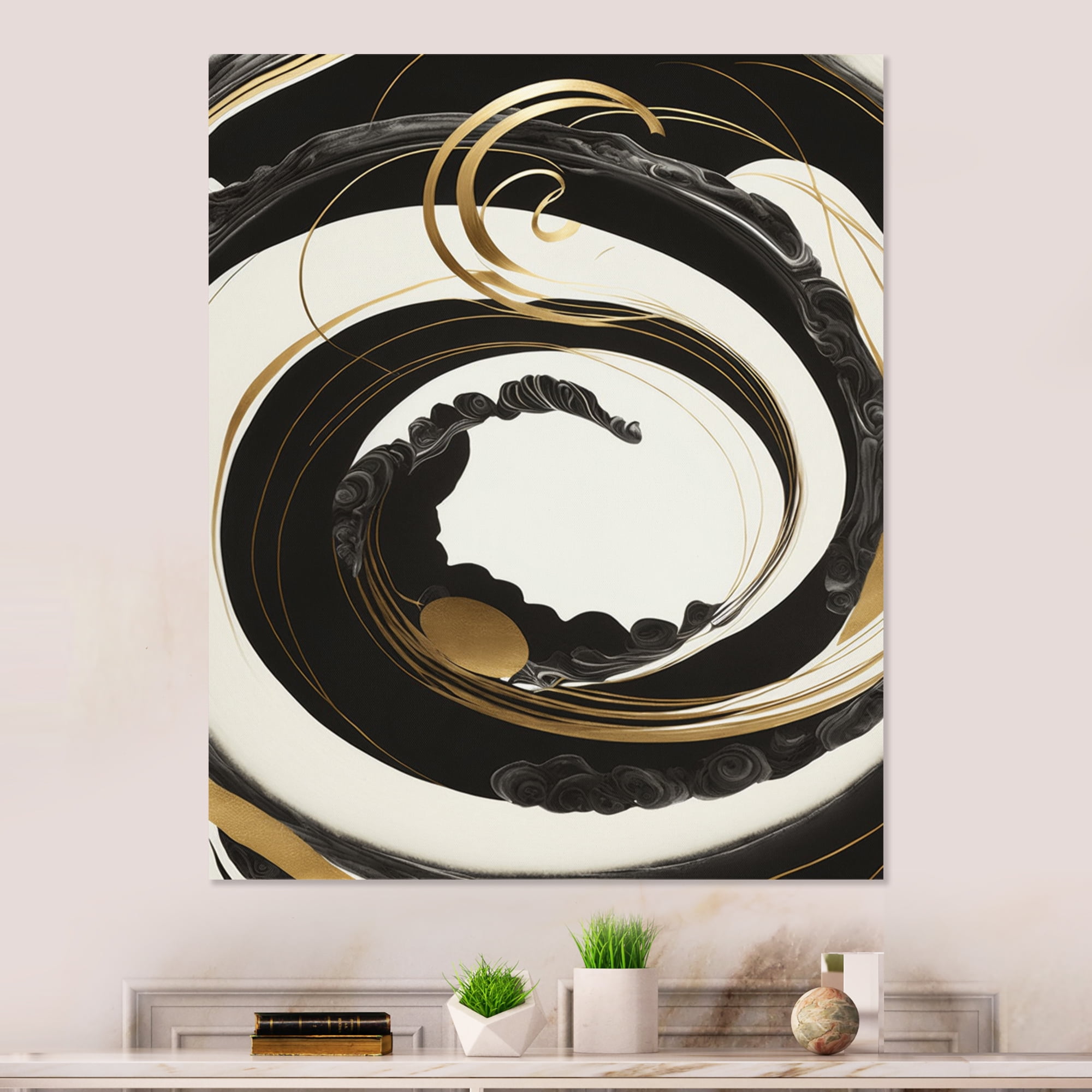 Designart Black, Silver And Gold Blending Swirls VI Canvas Wall Art