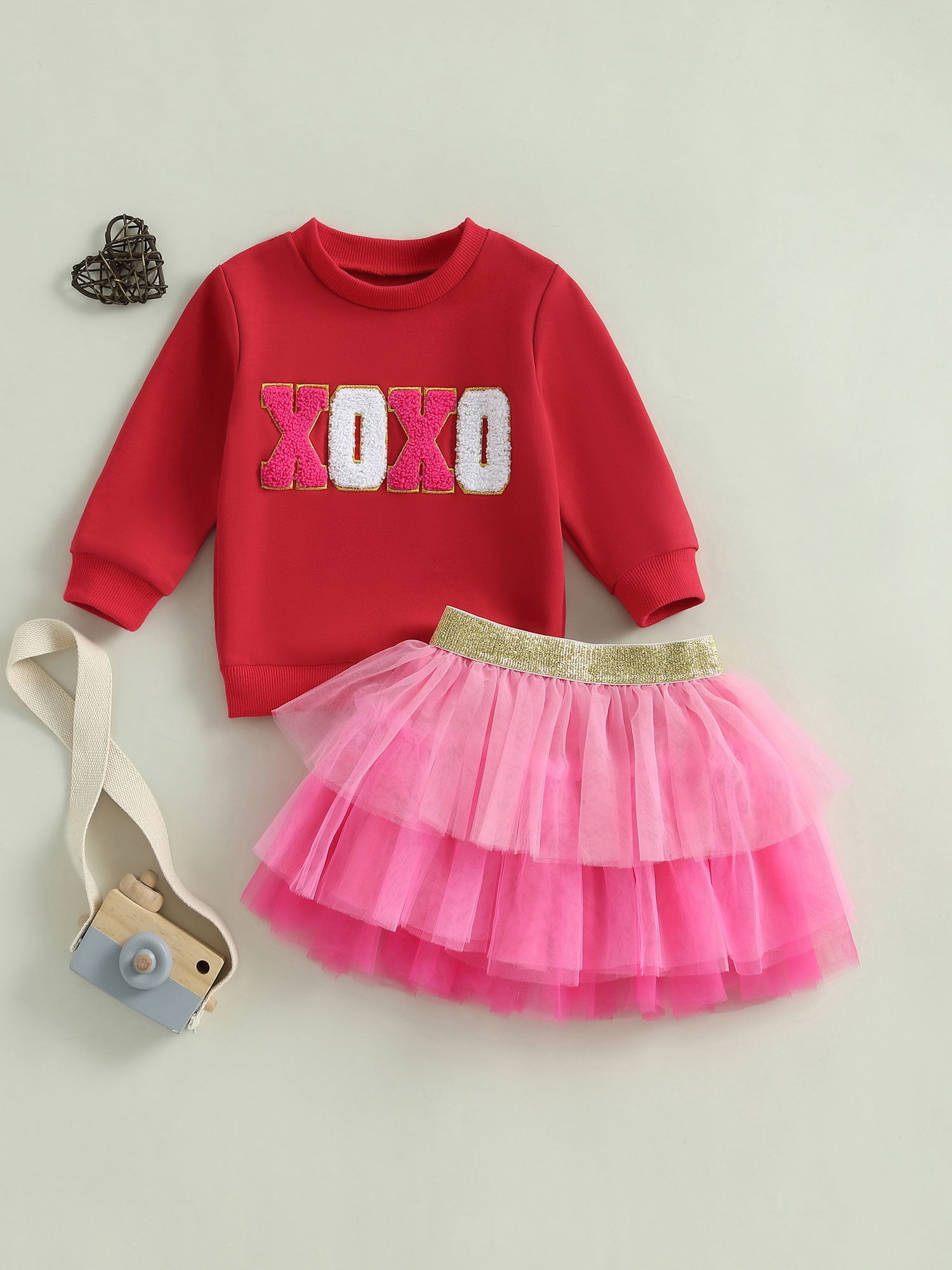 Jxzom Toddler Baby Girl Valentines Outfit XOXO Letter Embroidery Long Sleeve Sweatshirt Tops and Tulle Tutu Skirts Set 1-6 Years Cute Valentines Clothes