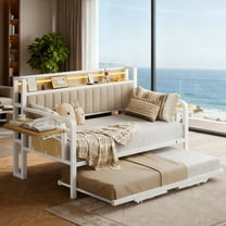 Vipuse Daybed with LED Light, Heavy Duty Metal Twin Bed Frame with Upholstered Storage Headboard & Charging Station, Day Bed Pop Up Trundle Bed Twin for Living Room,Bedroom and Guest Room, White