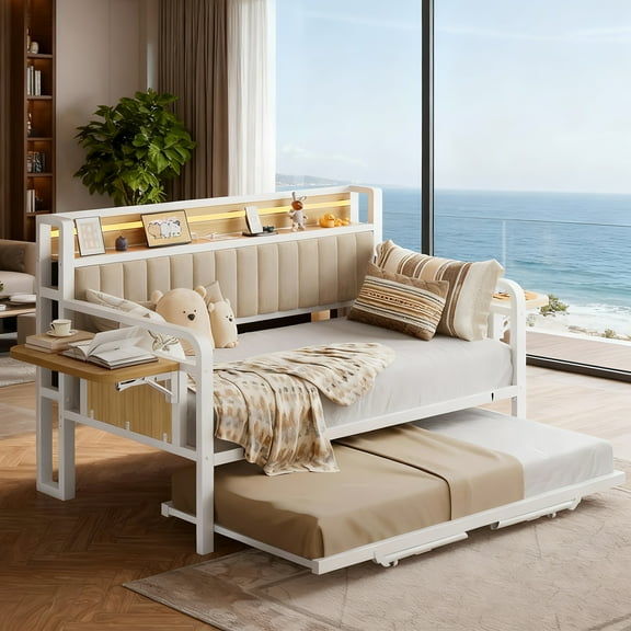 Vipuse Daybed with LED Light, Heavy Duty Metal Twin Bed Frame with Upholstered Storage Headboard & Charging Station, Day Bed Pop Up Trundle Bed Twin for Living Room,Bedroom and Guest Room, White
