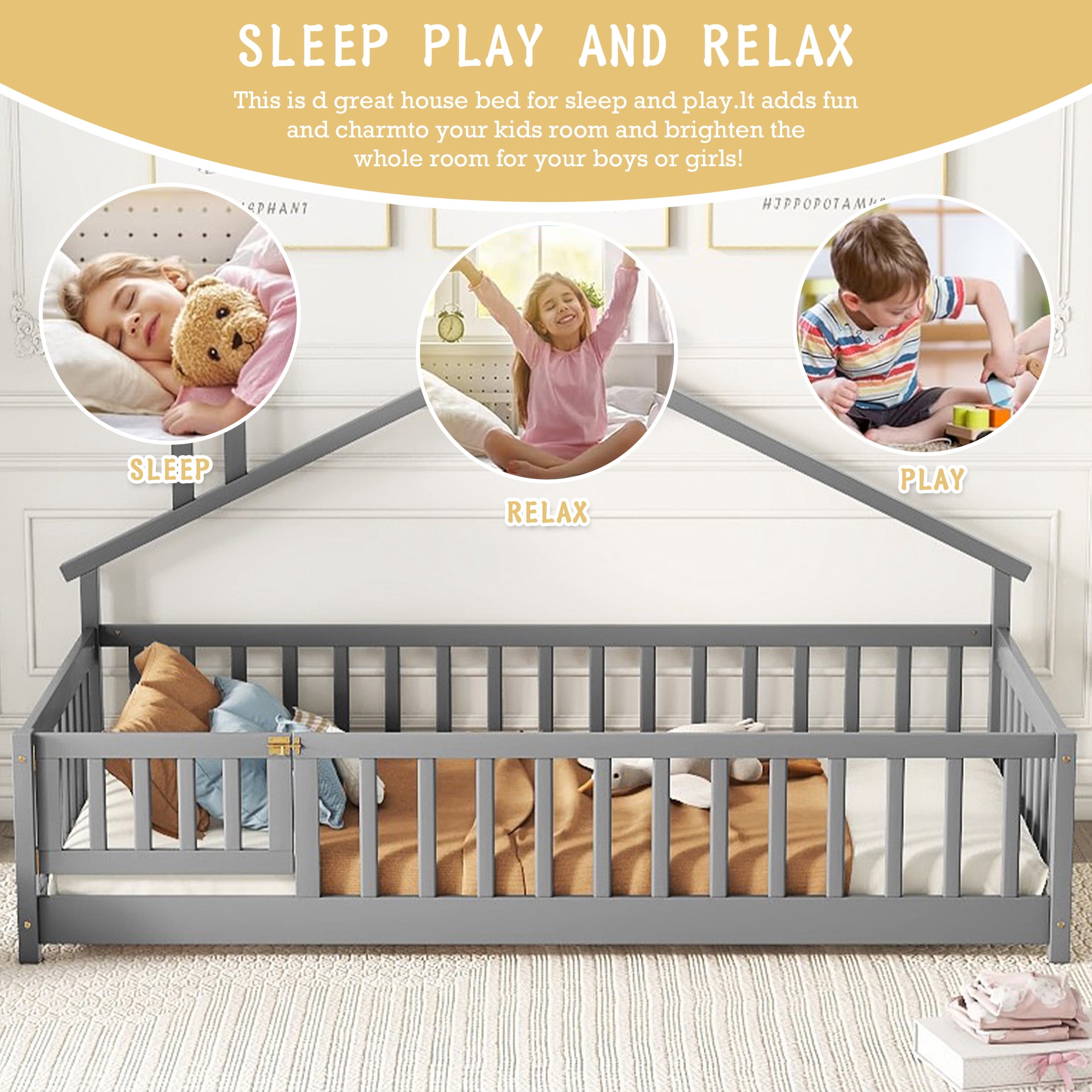 Aukfa Twin Bed Frame, House-Shaped Bedside Floor Bed with Full Length Guardrail Door, Gary