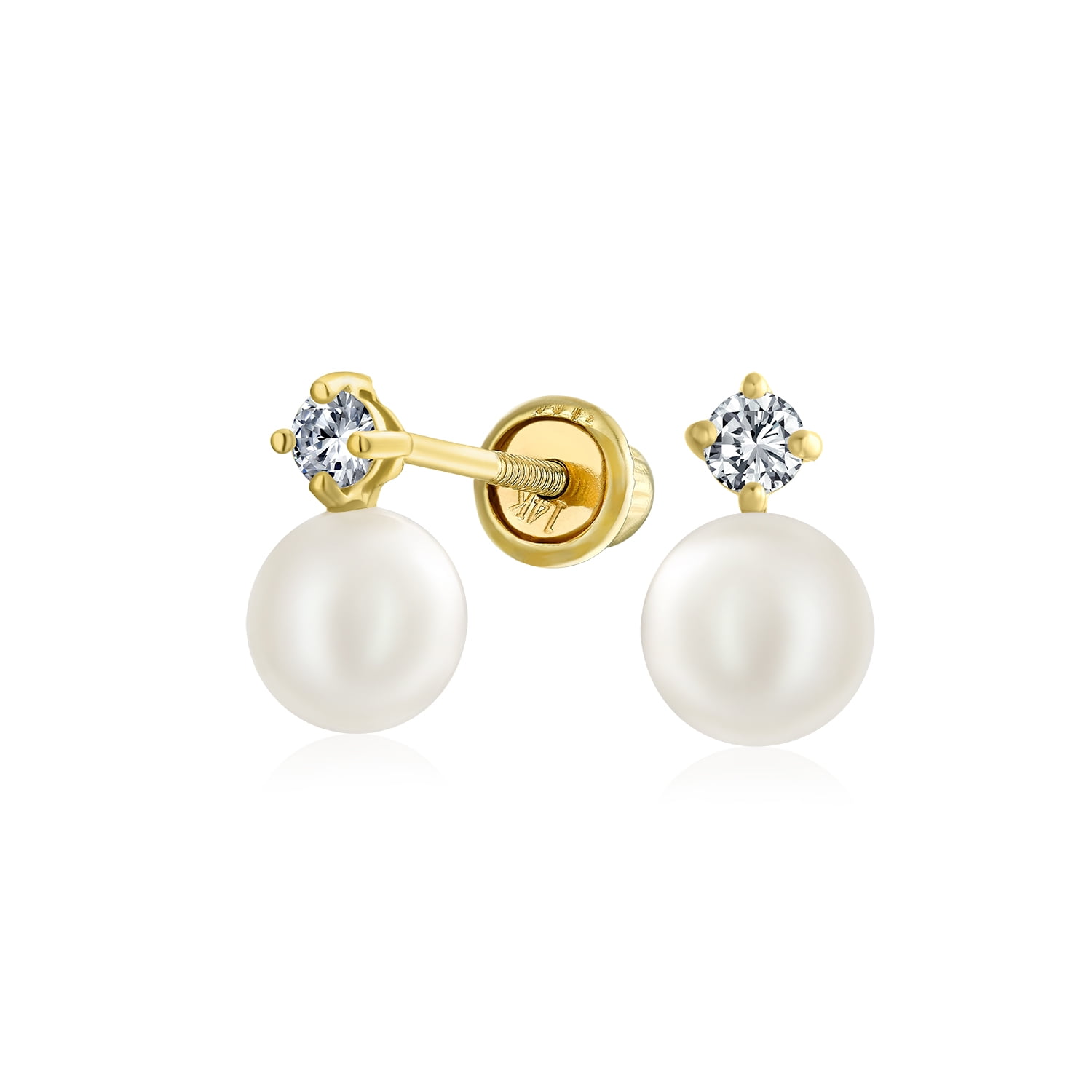 Tiny Minimalist Real 14K Gold White Freshwater Cultured Pearl Stud Earrings For Women For Teen Screwback June Birthstone 