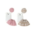thumbnail image 5 of Girls Summer 3 Piece Outfits White Sleeveless Ribbed Tank Tops Plaid Skirt Beret Set, 5 of 10