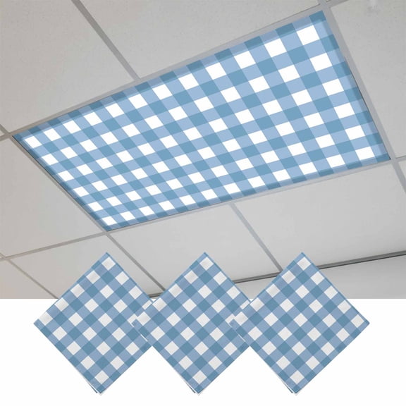 Blue White Plaid Fluorescent Light Covers, Gradient Geometric Buffalo Checkered Magnetic Light Covers for Ceiling Lights, Fluorescent Ceiling Shade Filters for Classroom Bedroom Office 4x2Ft x 3PCS